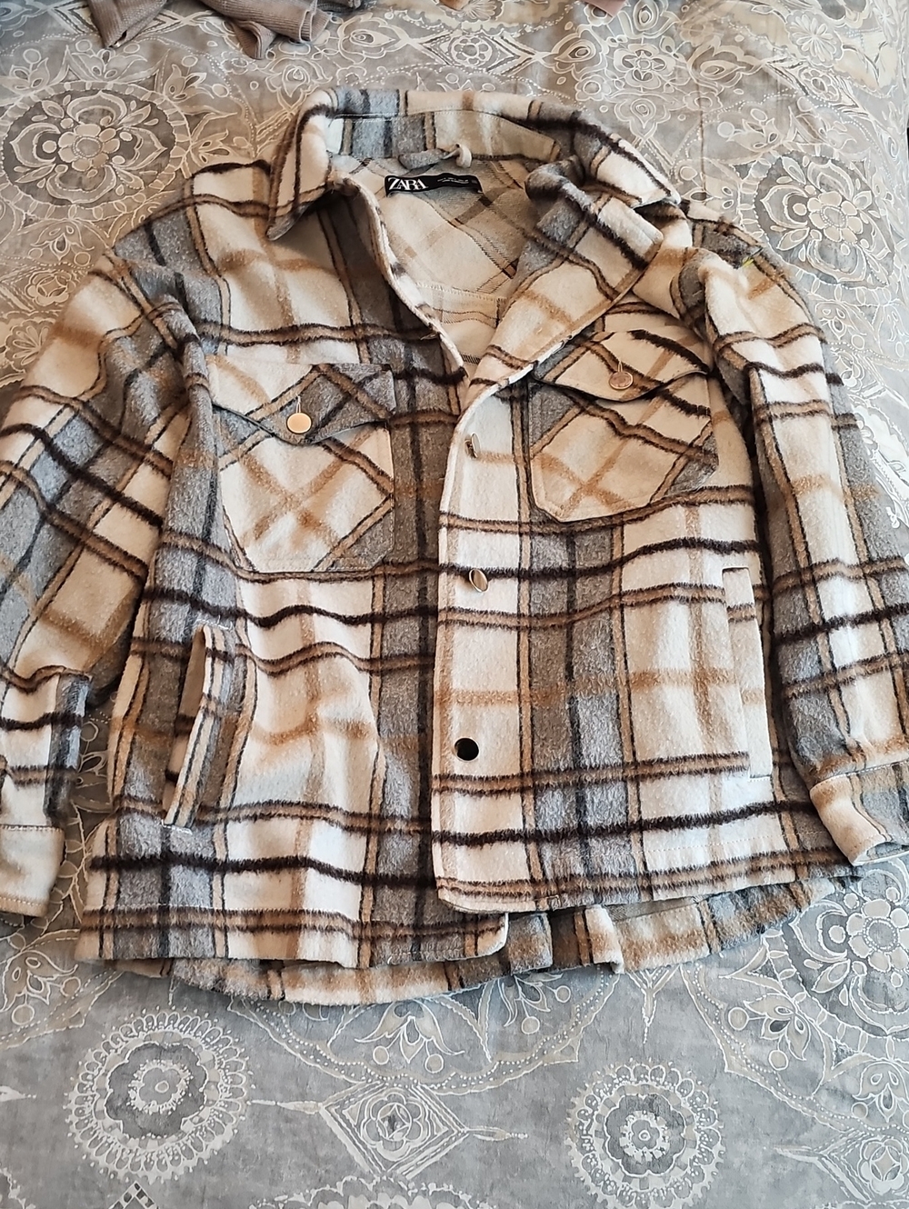 ZARA Cream, Gray & Brown Plaid Shacket